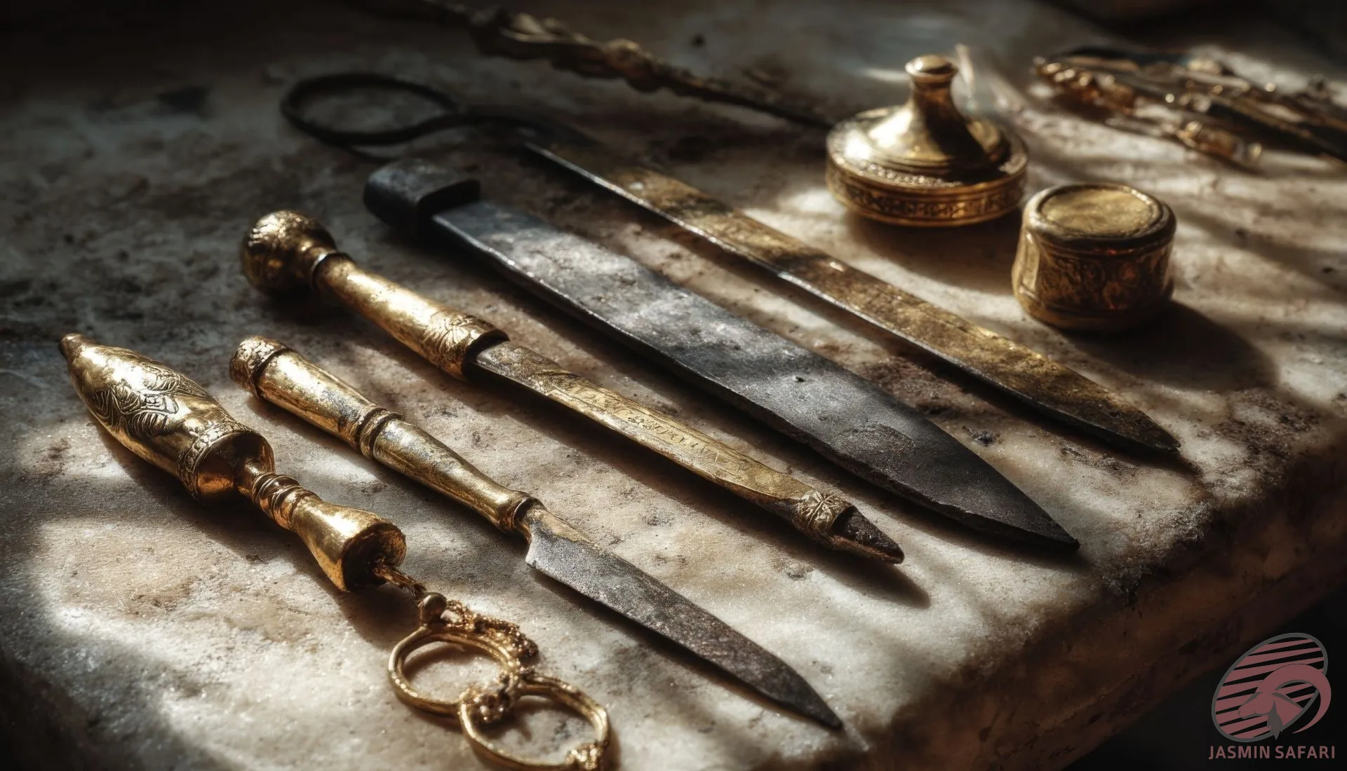 "Ancient Persian golden tools and artifacts on stone surface"
