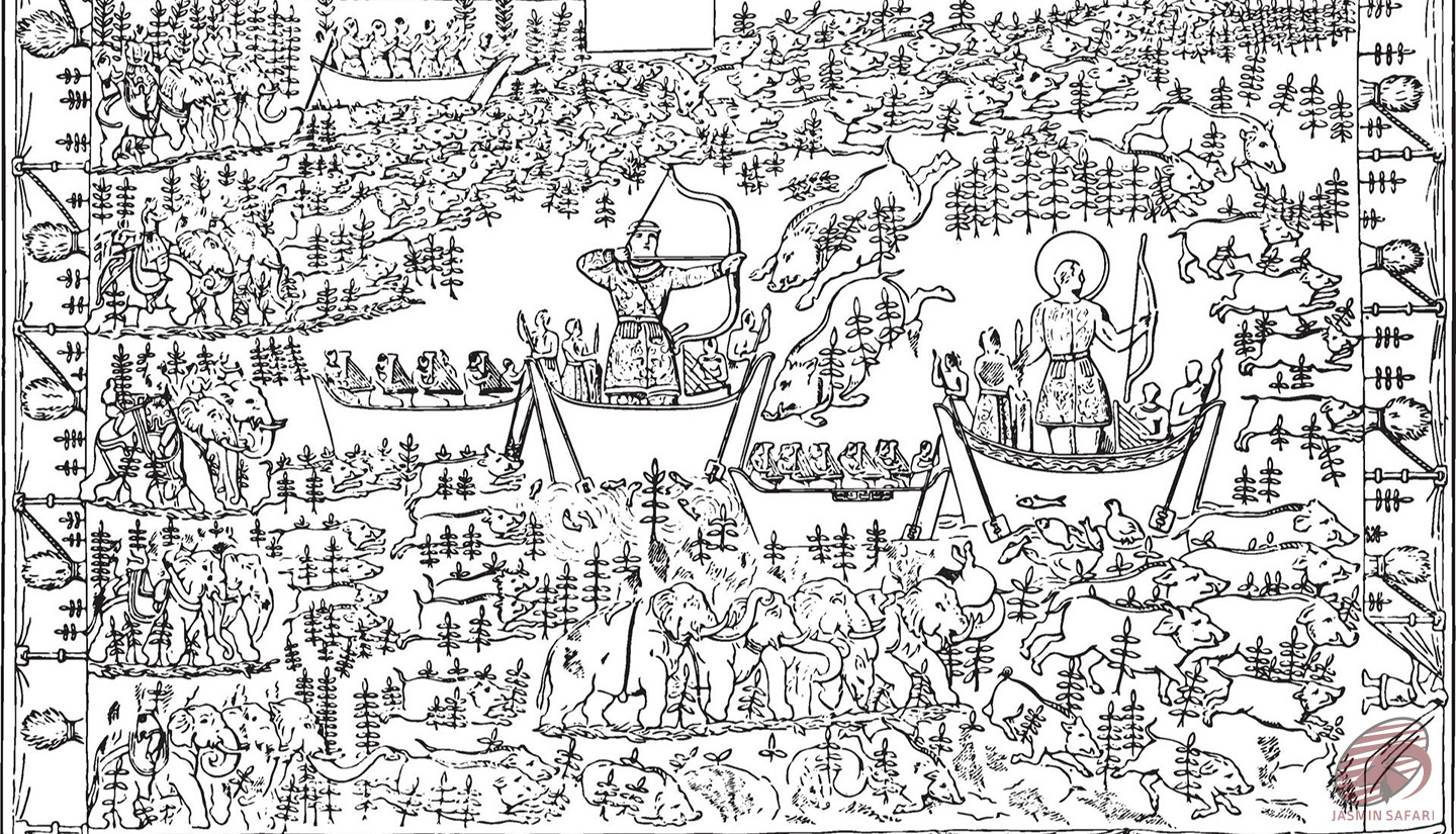 Ancient Persian hunting scene illustration showing archers, elephants, and wild animals