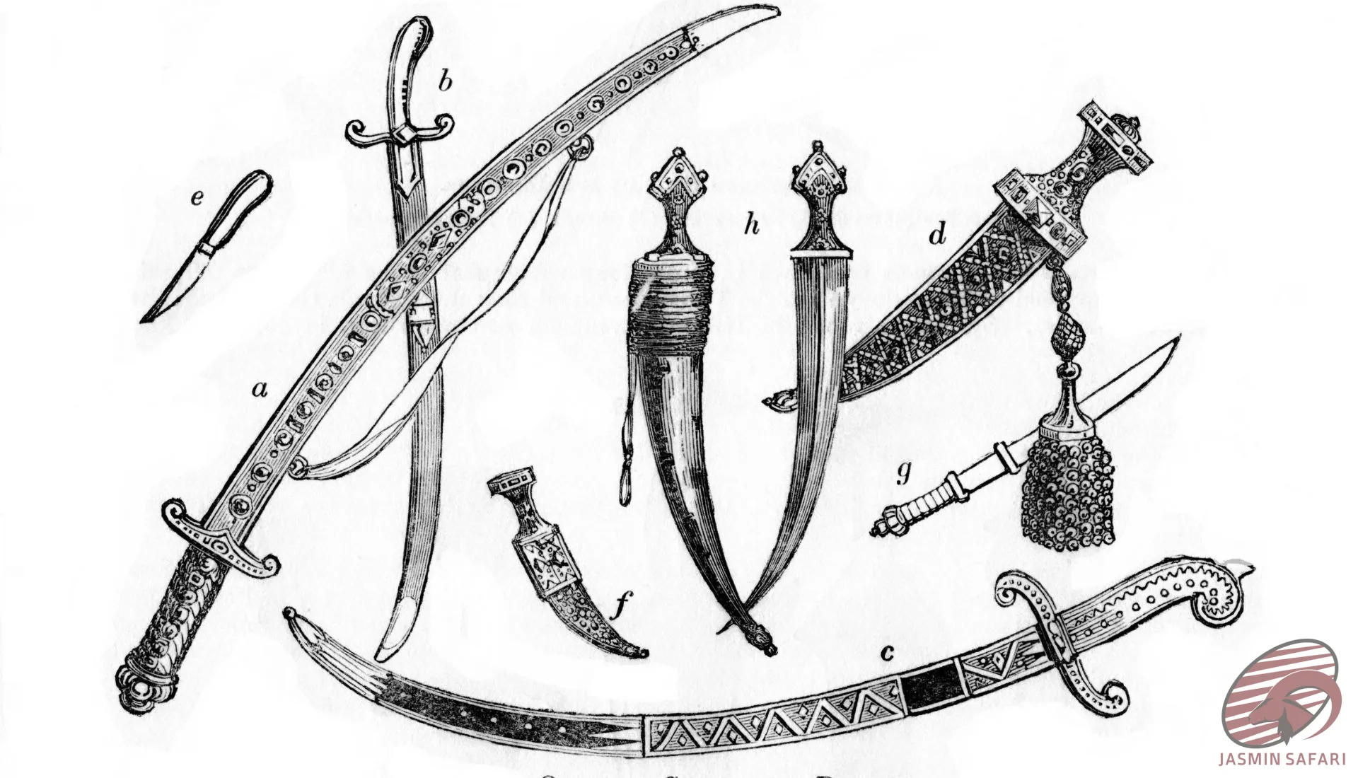 "Ancient Persian swords and daggers illustration with scimitars and ornate knives"