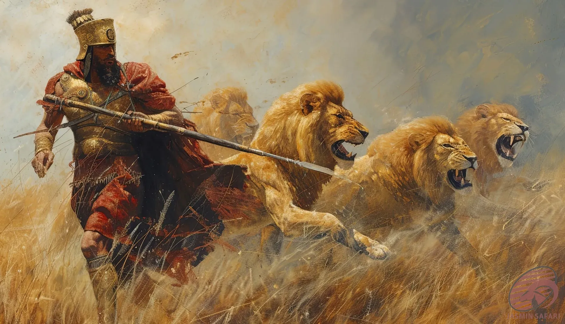 "Epic illustration of an ancient Persian warrior with lions symbolizing royal hunting and bravery"