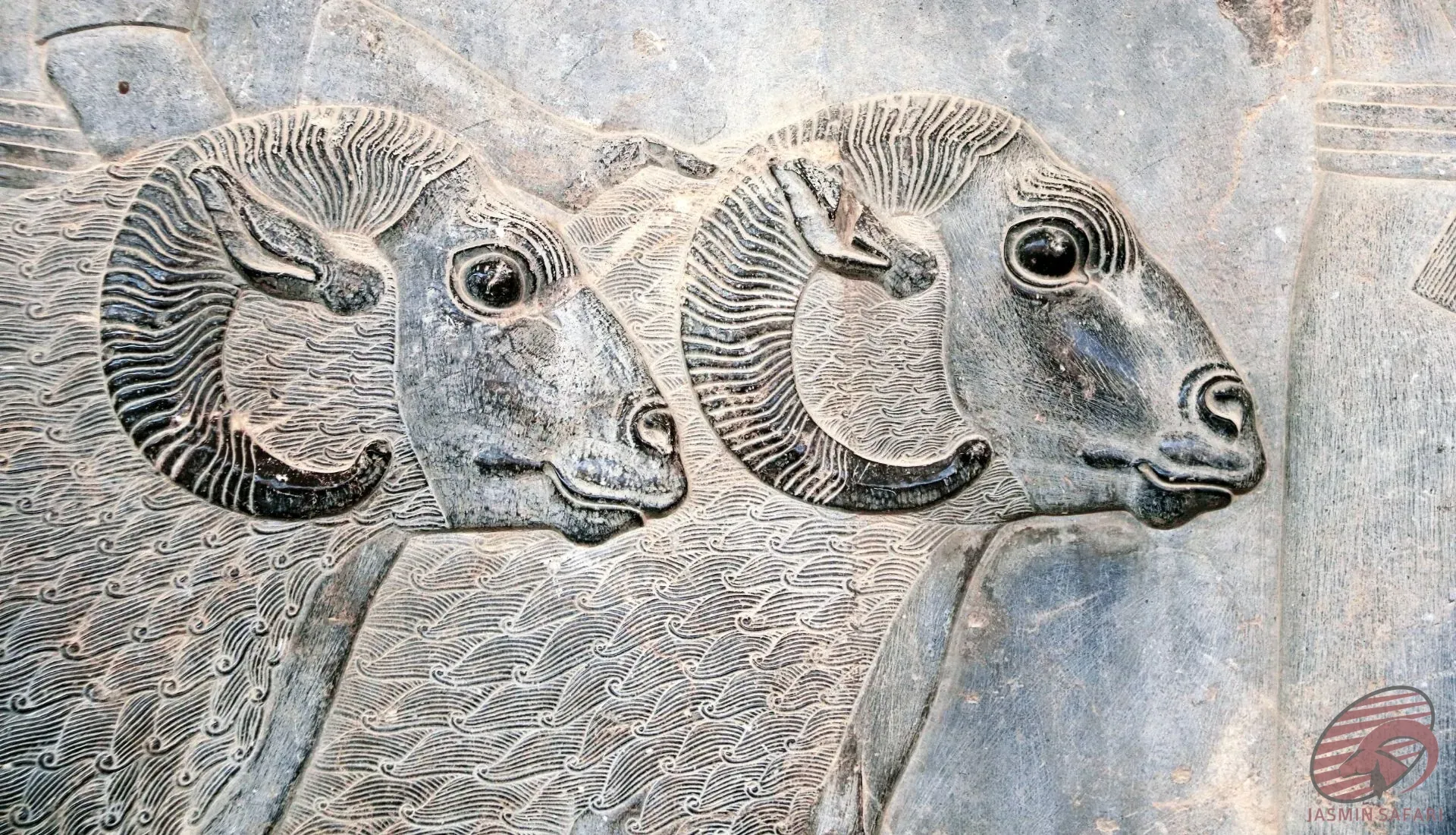 "Ancient Persepolis stone relief showing two rams, symbol of Persian art and hunting culture"