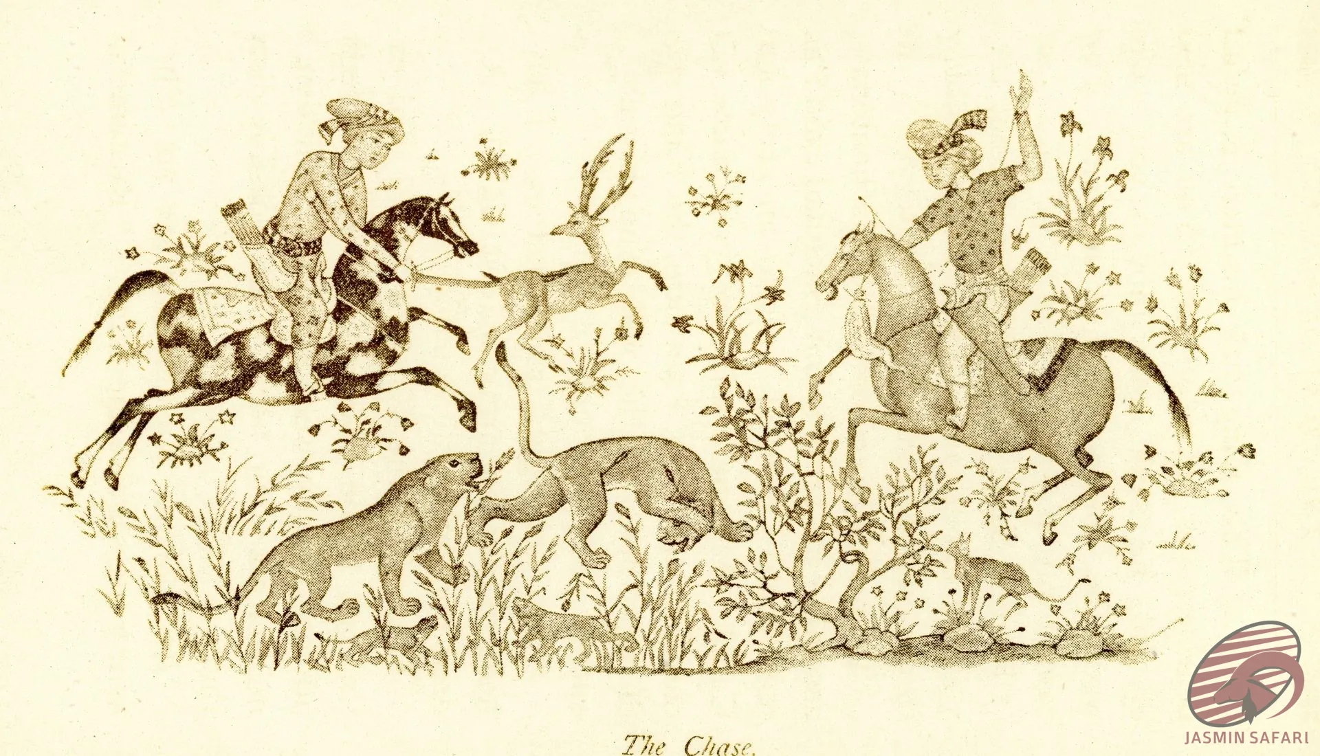 "Ancient Persian miniature artwork depicting hunters on horseback chasing deer with hunting dogs"