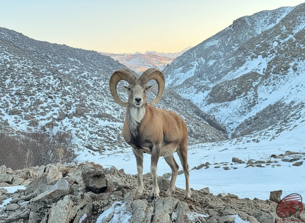 Red Sheep 1 Red Sheep (wild sheep, Ovis orientalis) standing on rocky snowy mountain terrain at sunrise in Iran; strong ram with full-curl horns — hunt in Iran