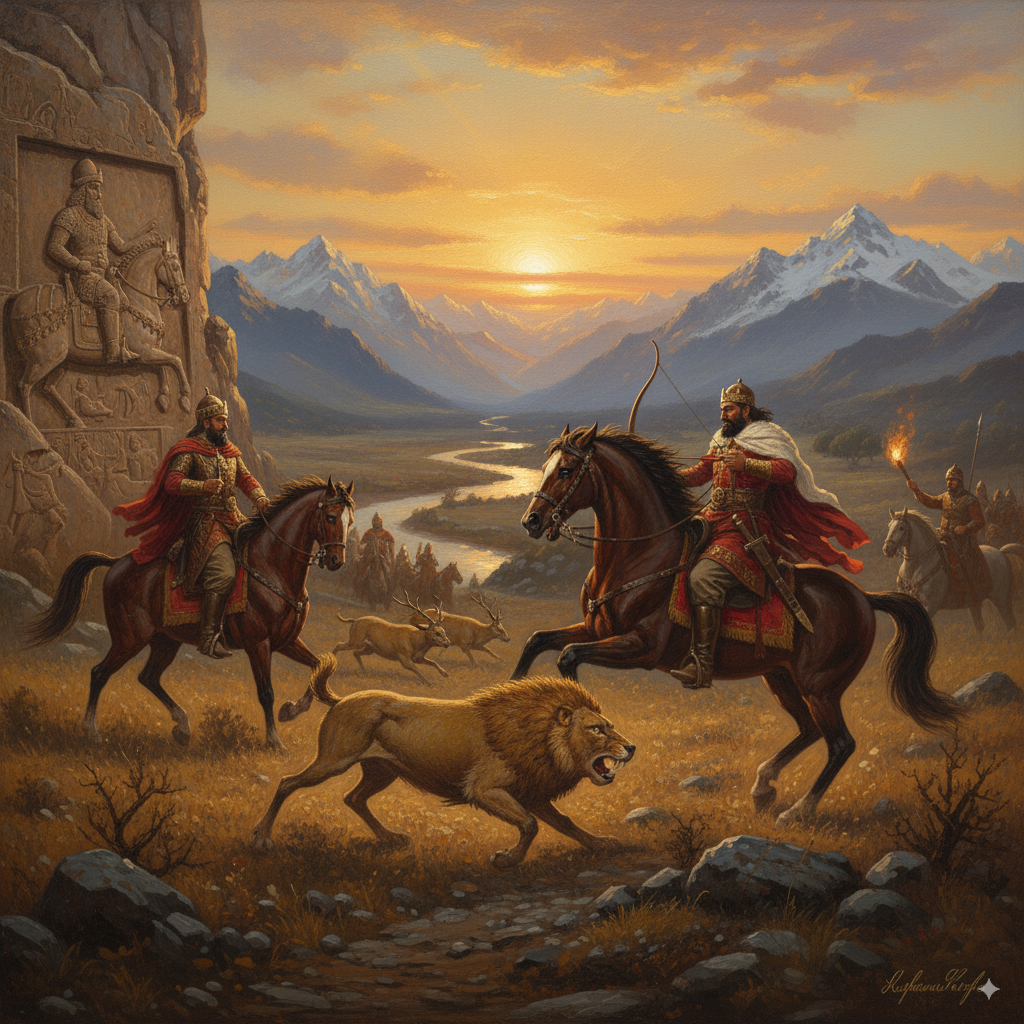 Historical scene of royal hunting in ancient Iran with kings hunting a lion in a mountainous landscape, inspired by Achaemenid and Sasanian eras.