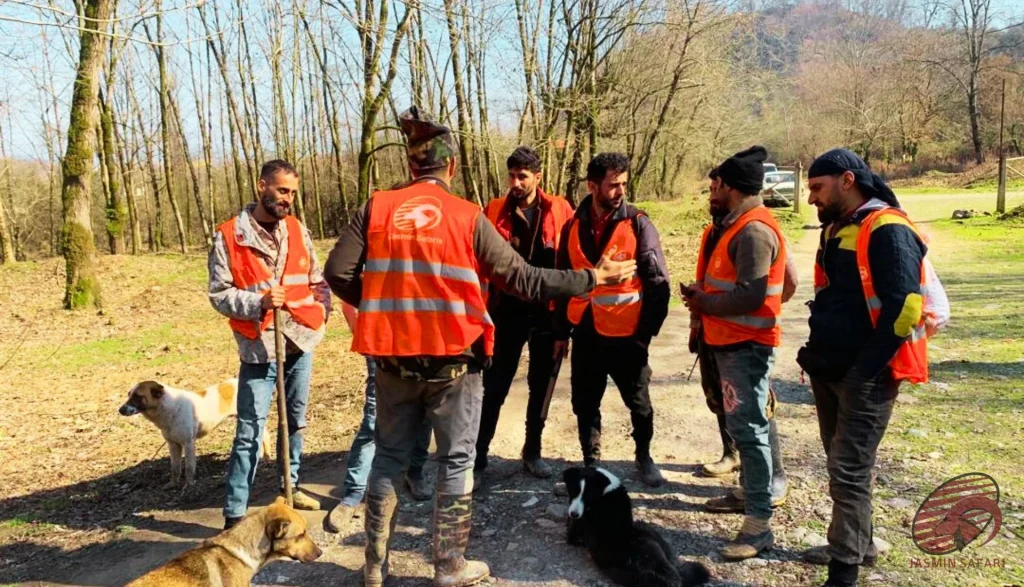 Hunters in orange safety vests briefing with dogs in an Iranian forest, hunt in Iran