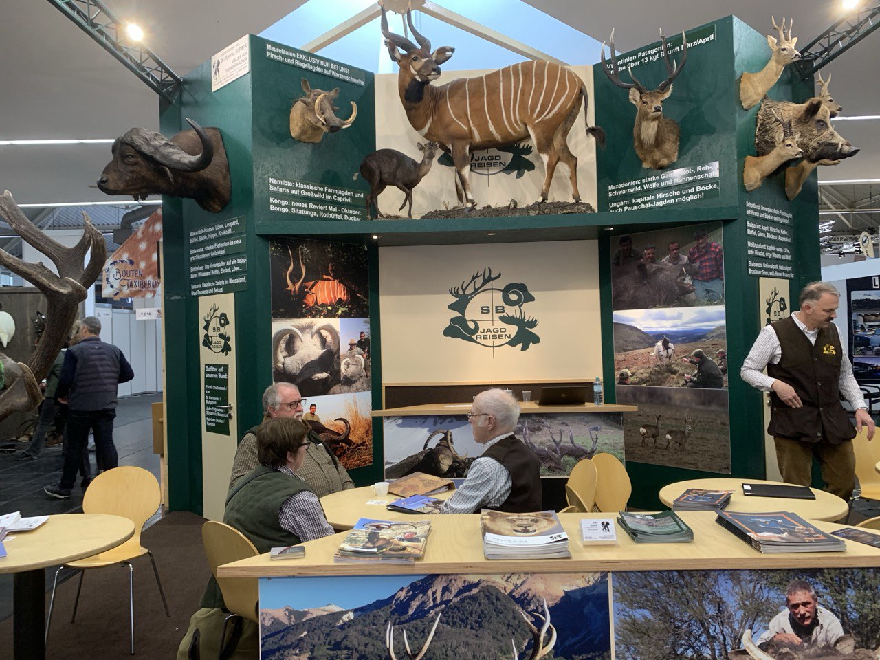 The booth belonging to the company Jagd Reisen at the Dortmund hunting show in Germany 2025.