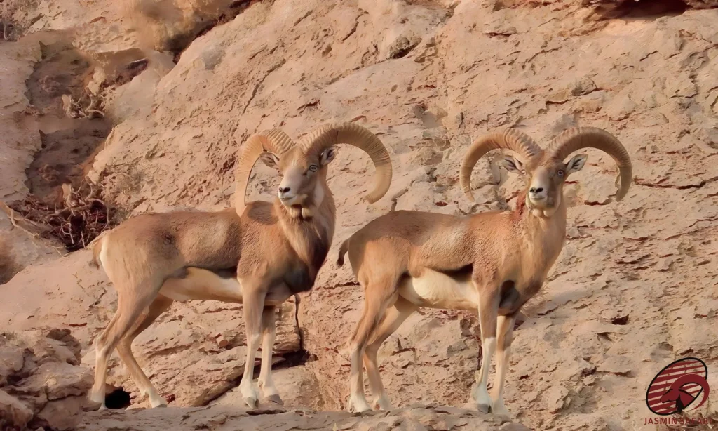 Two wild sheep in the rocky mountains of Iran, showcasing their large curved horns, perfect for a hunt in Iran.